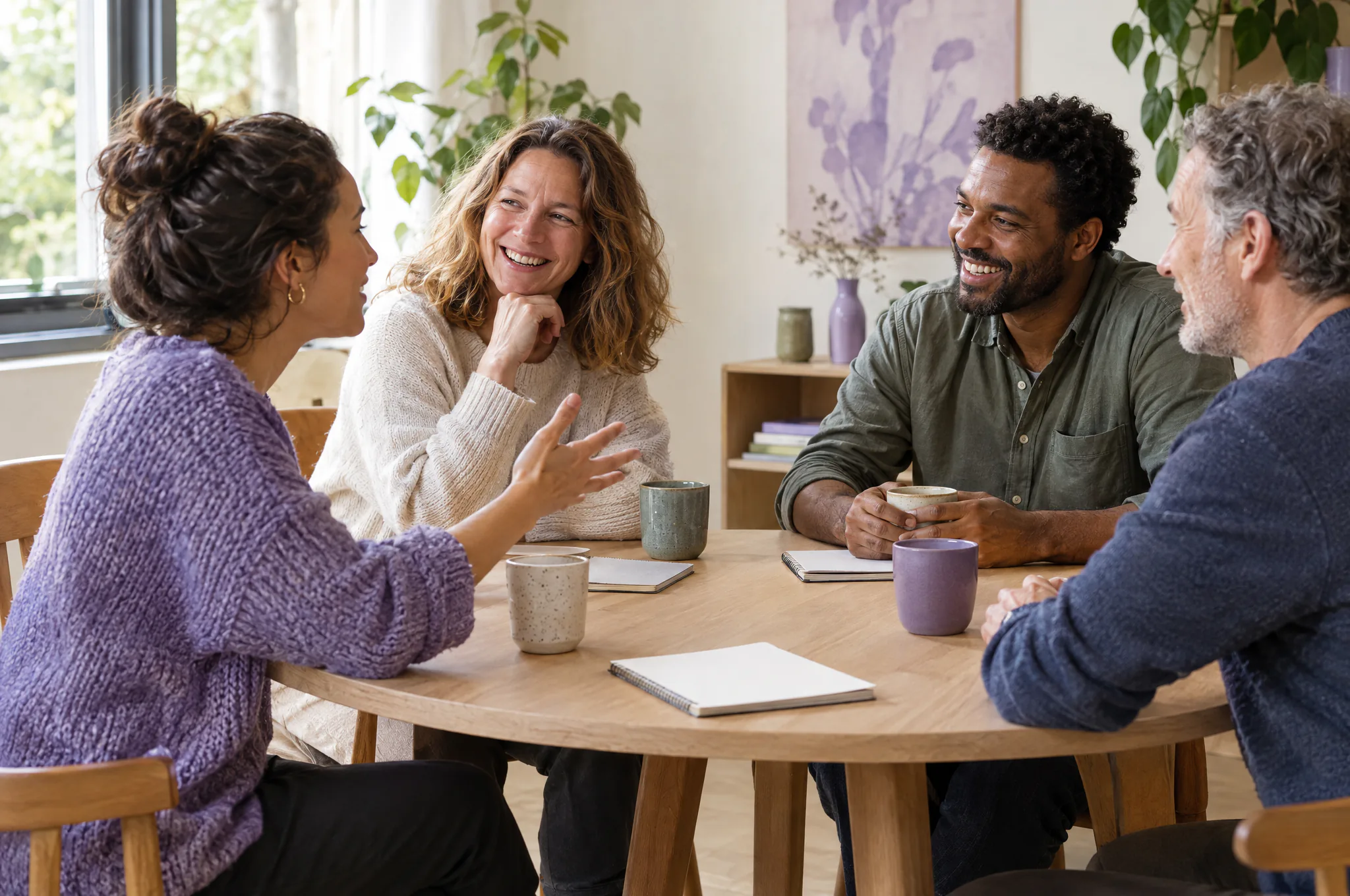 Vier collega’s lachen samen aan een ronde tafel